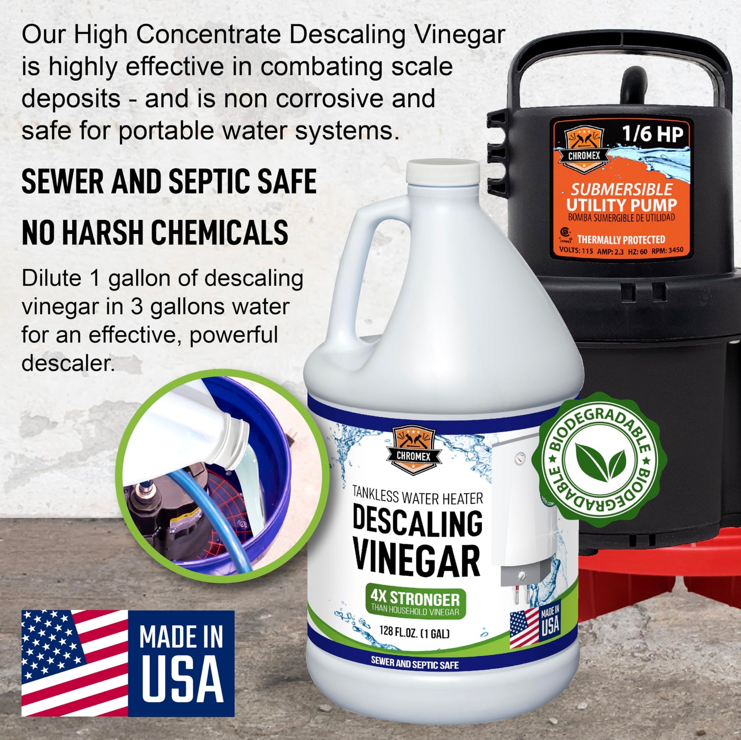 Chromex Tankless Water Heater Descaler Kit – Includes 1 Gallon (128 fl oz) Concentrated Vinegar, Dilutes to 4 Gallons