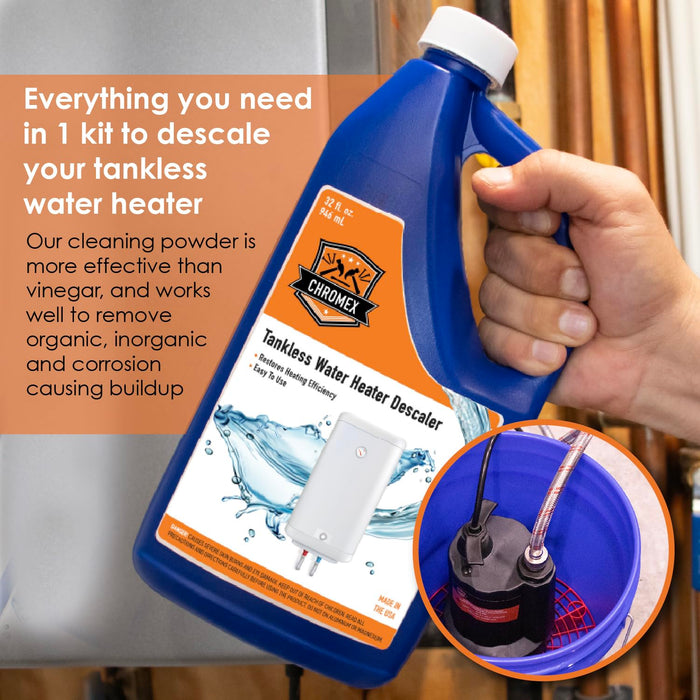 Chromex Tankless Water Heater Descaler Kit – Includes 1 Quart (32 fl oz) Descaling Solution & Right Angle Inlet Hoses