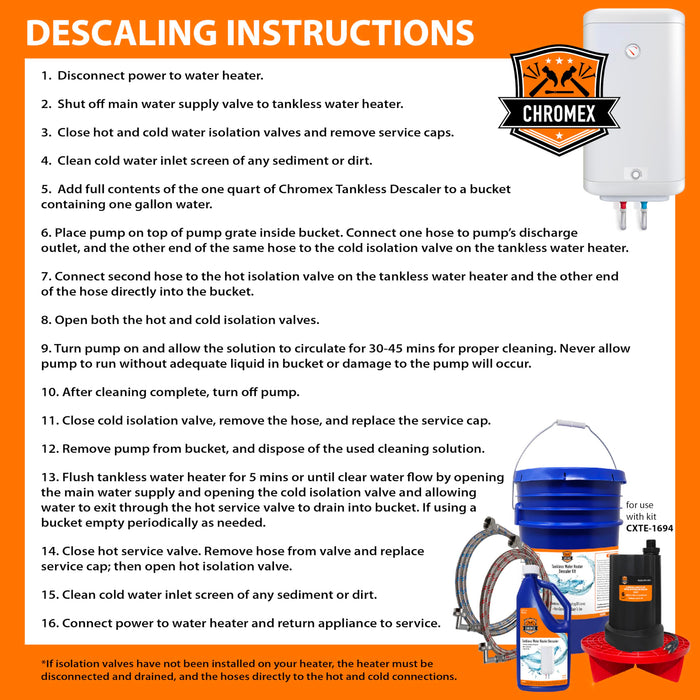 Chromex Tankless Water Heater Descaler Kit – Includes 1 Quart (32 fl oz) Descaling Solution & Right Angle Inlet Hoses