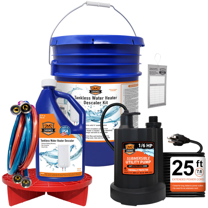 Chromex Tankless Water Heater Descaler Kit – Includes 1 Quart (32 fl oz) Descaling Solution & Right Angle Inlet Hoses & 25 ft long cord submersible utiliy pump