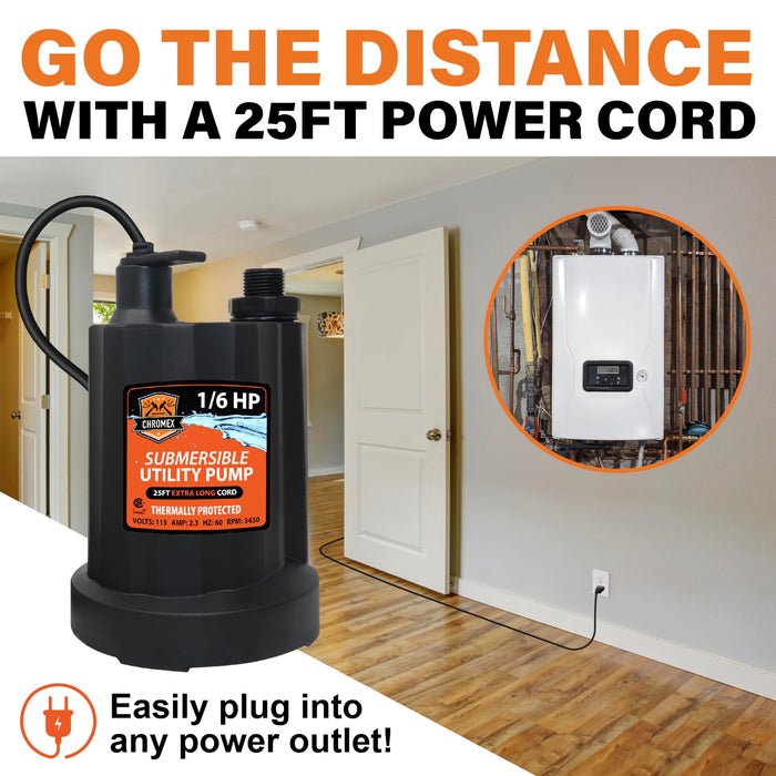 Chromex Tankless Water Heater Descaler Kit – Includes 1 Quart (32 fl oz) Descaling Solution & Right Angle Inlet Hoses & 25 ft long cord submersible utiliy pump