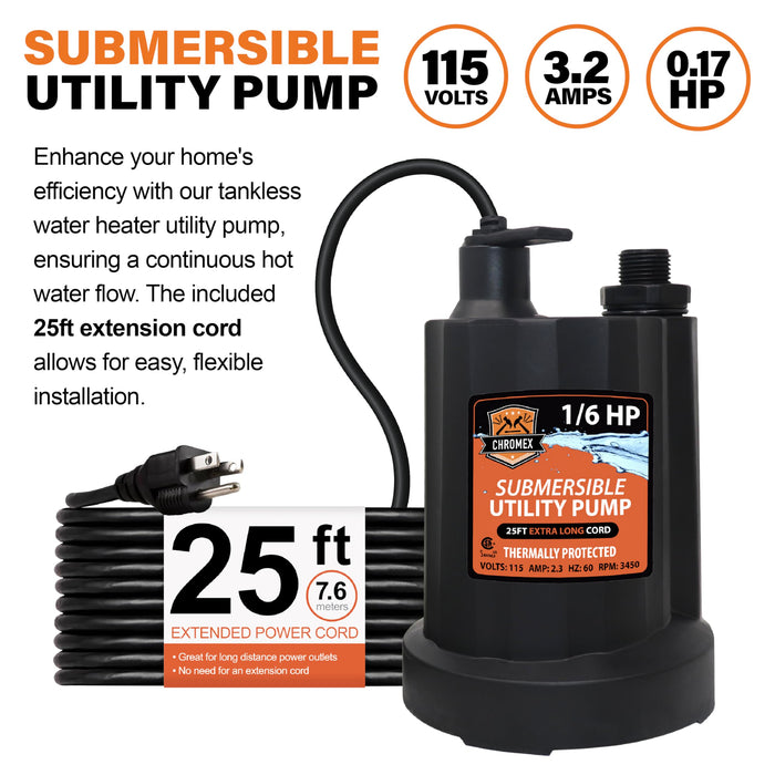 Chromex Tankless Water Heater Descaler Kit – Includes 1 Quart (32 fl oz) Descaling Solution & Right Angle Inlet Hoses & 25 ft long cord submersible utiliy pump