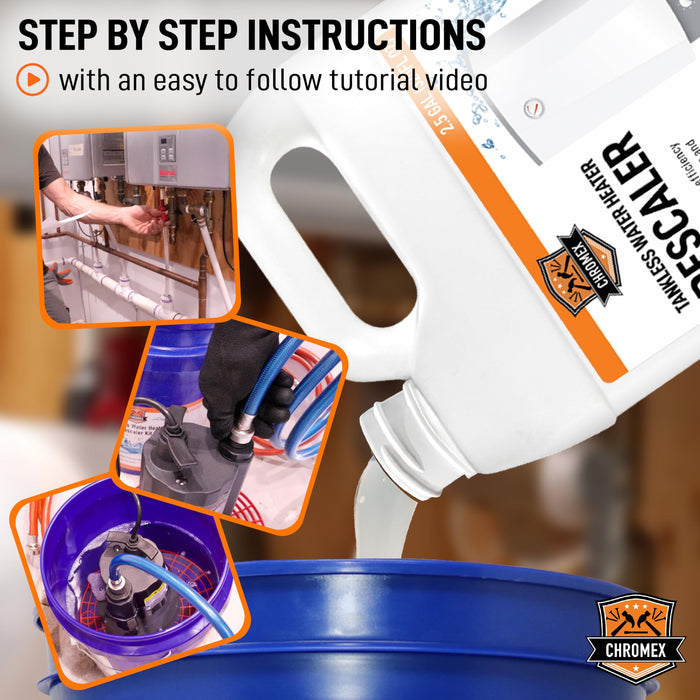 Chromex Tankless Water Heater Descaling Solution | Highly Effective Descaler Restores Heating Efficiency, Quart, 5 Gallons (2 x 2.5 Gallons)