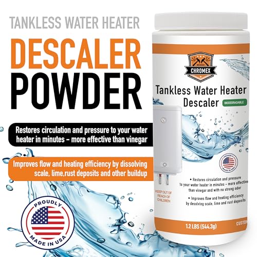 Chromex tankless water heater descaler powder restores circulation dissolves scale lime and rust deposits