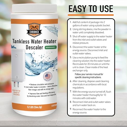 Chromex tankless water heater descaler powder easy to use step by step flush instructions