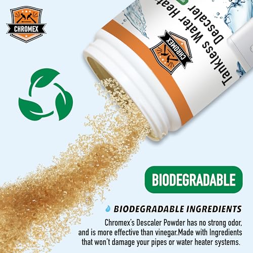 Chromex tankless water heater descaler powder biodegradable ingredients safe for pipes and water heaters