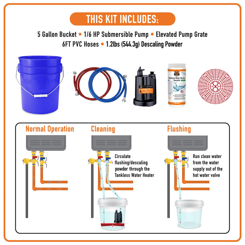 Chromex tankless water heater descaler kit contents bucket pump hoses grate and descaling powder with flush diagram