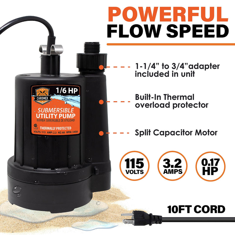 Chromex 1/6 HP submersible utility pump 115 volts thermal overload protector with 10 ft cord for flush kit