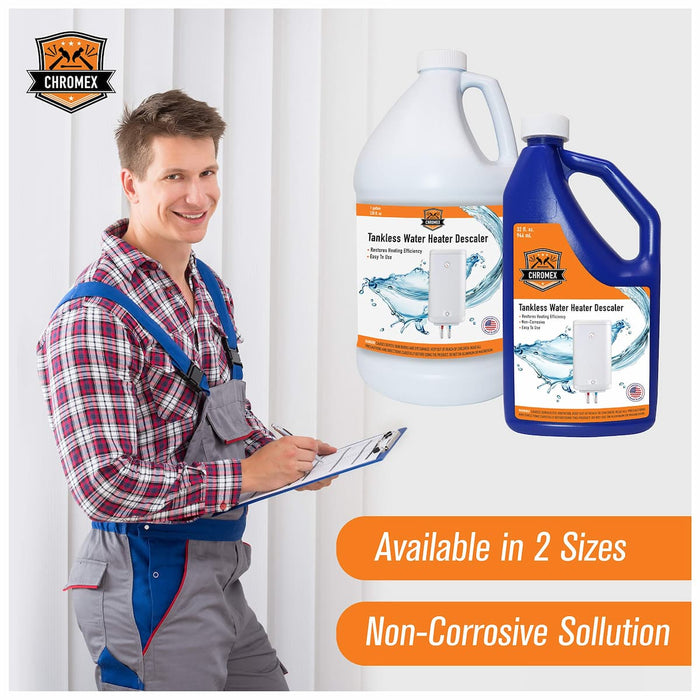 Chromex descaling solution in use with tankless water heater flush kit