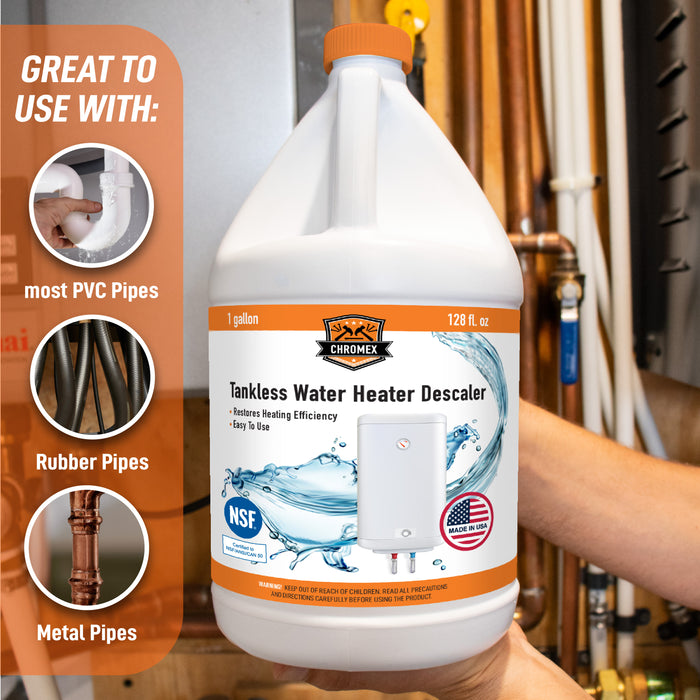 Chromex Tankless Water Heater Descaling Solution | Highly Effective Descaler, 1 Gallon, 128 fl oz, 4 Pack