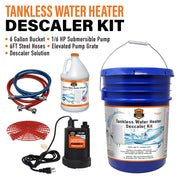 Chromex tankless water heater descaler kit contents bucket pump steel hoses grate and descaling solution