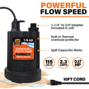 Chromex 1/6 HP submersible utility pump specs 115 volts thermal overload protector for flush kit
