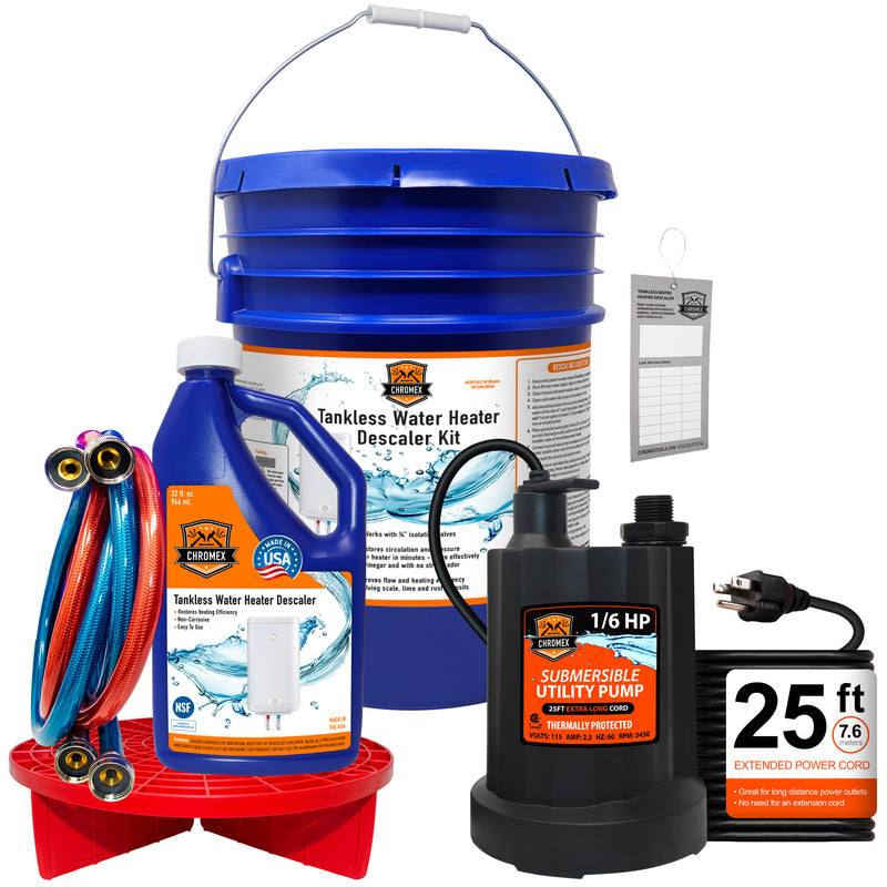Chromex tankless water heater flush kit with bucket pump hoses and descaling solution