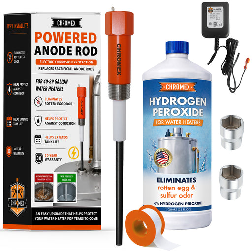 Chromex powered titanium anode rod kit for 40-89 gallon water heaters with 32 oz hydrogen peroxide and sockets
