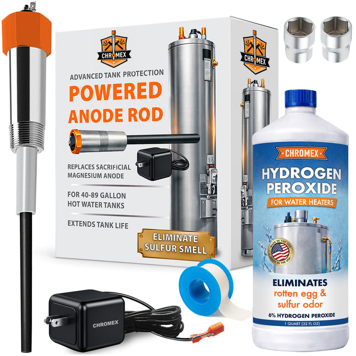 Powered Titanium Anode Rod Kit for Water Heater (40-89 Gallon) w/ 32 oz. Hydrogen Peroxide