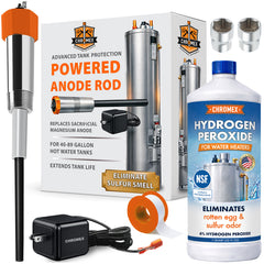 Powered Titanium Anode Rod Kit for Water Heater (40-89 Gallon) w/ 32 oz. Hydrogen Peroxide