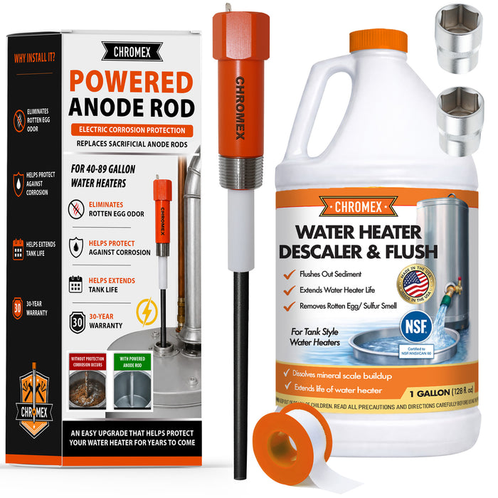 Chromex powered titanium anode rod kit for 40-89 gallon water heaters with 1 gallon descaler and sockets