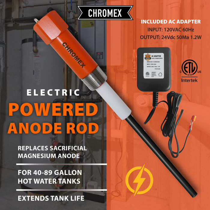 Chromex electric powered anode rod for 40-89 gallon water heaters with included AC adapter 120V
