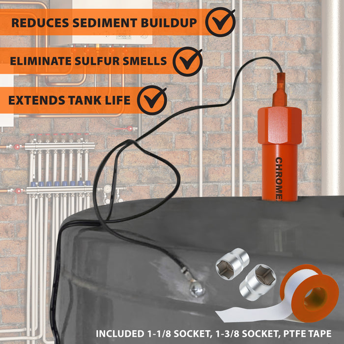 Chromex powered anode rod reduces sediment buildup eliminates sulfur smell with 1-1/8 and 1-3/8 sockets and PTFE tape