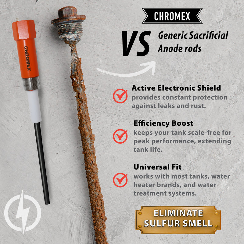Chromex powered anode rod versus generic sacrificial anode rod eliminates sulfur smell active electronic shield
