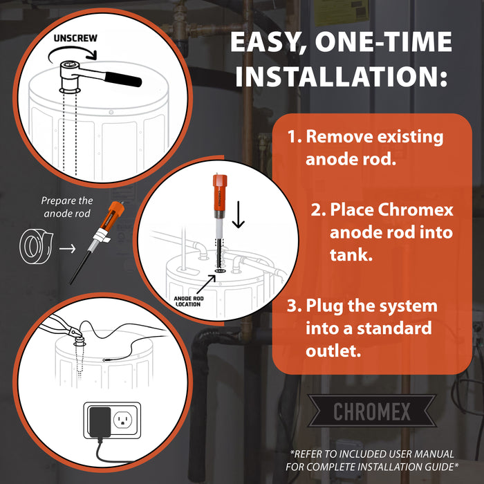 Chromex powered anode rod easy one-time installation 3 steps remove old rod insert and plug into outlet