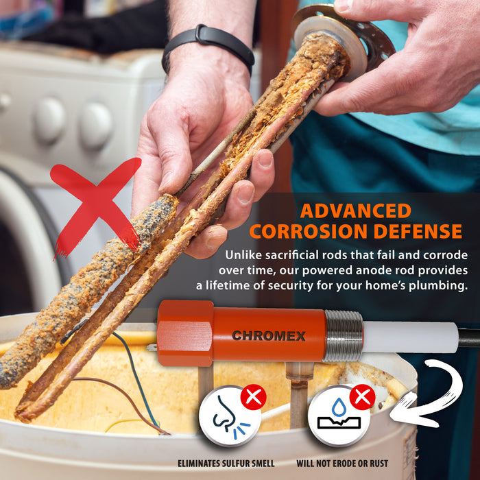 Chromex powered anode rod advanced corrosion defense eliminates sulfur smell will not erode or rust unlike sacrificial rods