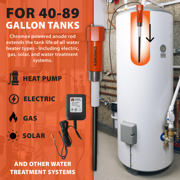 Chromex powered anode rod for 40-89 gallon tanks compatible with heat pump electric gas and solar water heaters
