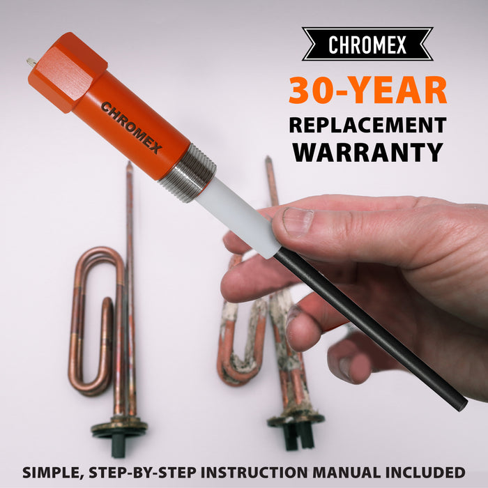 Chromex powered anode rod with step-by-step instruction manual included for water heater installation