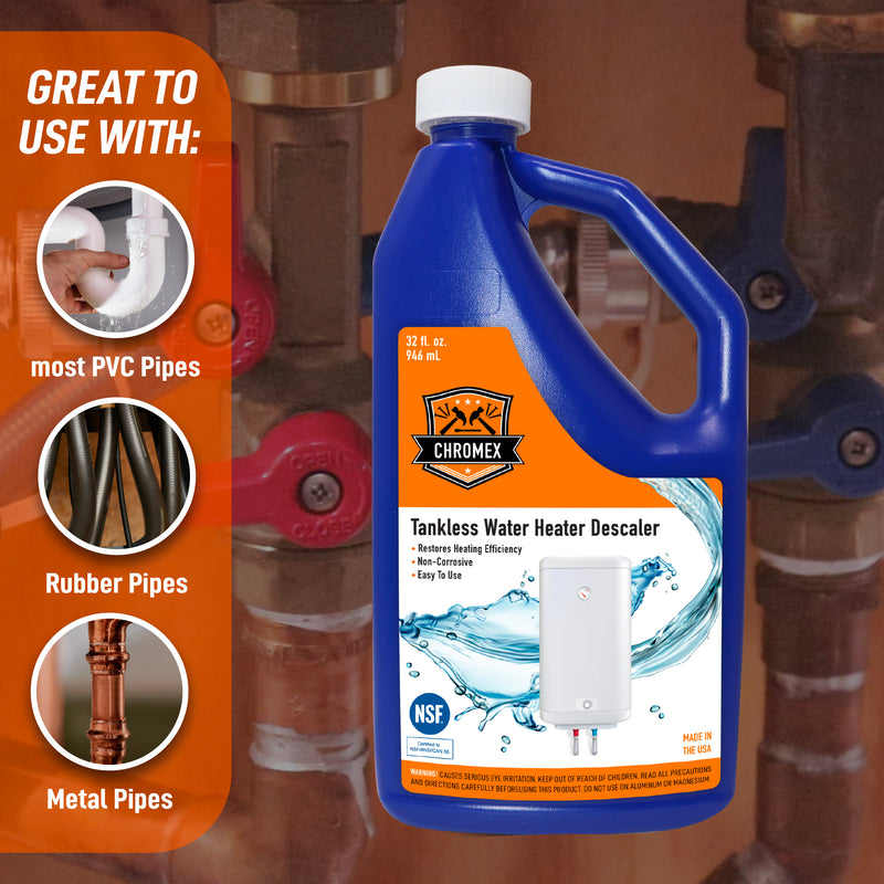 Chromex tankless water heater descaling solution compatible with PVC rubber and metal pipes