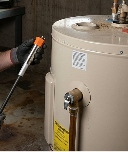 Mechanic working on a water heater in a utility room.