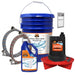 Chemical water treatment kit with blue bucket, pump, and hoses on a white background