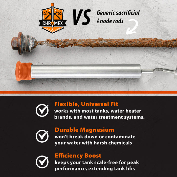 Chromex magnesium anode rod vs generic sacrificial anode rod comparison