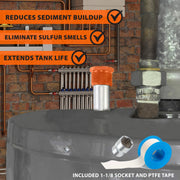 Chromex anode rod kit reduces sediment buildup eliminates sulfur smells extends tank life with 1-1/8 socket and PTFE tape included