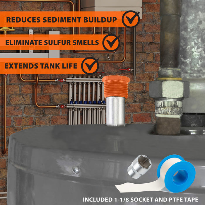 Chromex anode rod kit reduces sediment buildup eliminates sulfur smells extends tank life with 1-1/8 socket and PTFE tape included