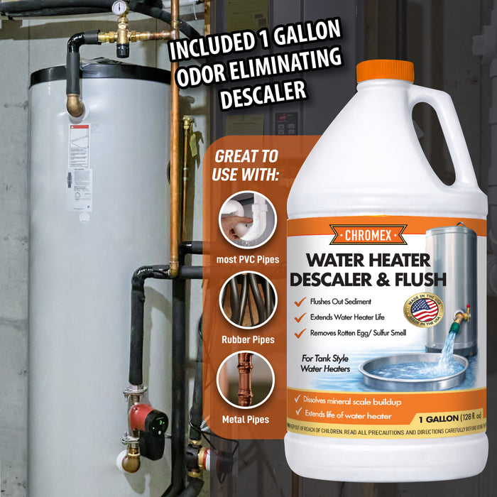 Chromex 1 gallon odor eliminating water heater descaler and flush great for PVC rubber and metal pipes