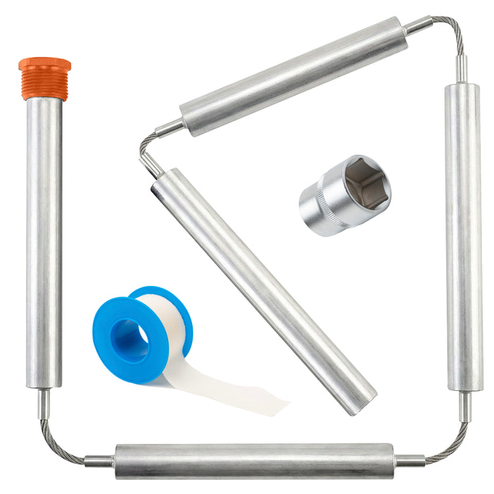 Chromex 44 inch magnesium anode rod kit complete package contents with 1-1/8 socket tool and PTFE tape