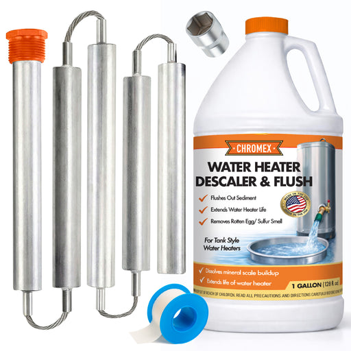 Chromex 44 inch flexible magnesium anode rod kit with 1 gallon flush solution for water heater