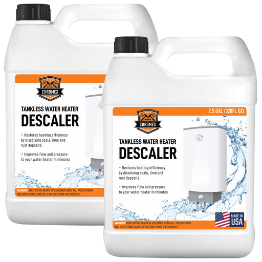 Chromex tankless water heater descaling solution available in 1 gallon and 2.5 gallon sizes