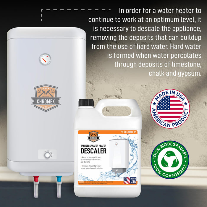 Chromex tankless water heater descaler made in USA 100 percent biodegradable compostable