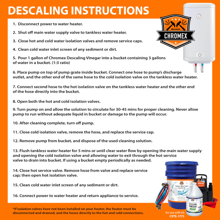 Chromex descaling kit complete 16 step instructions for tankless water heater flush with vinegar solution