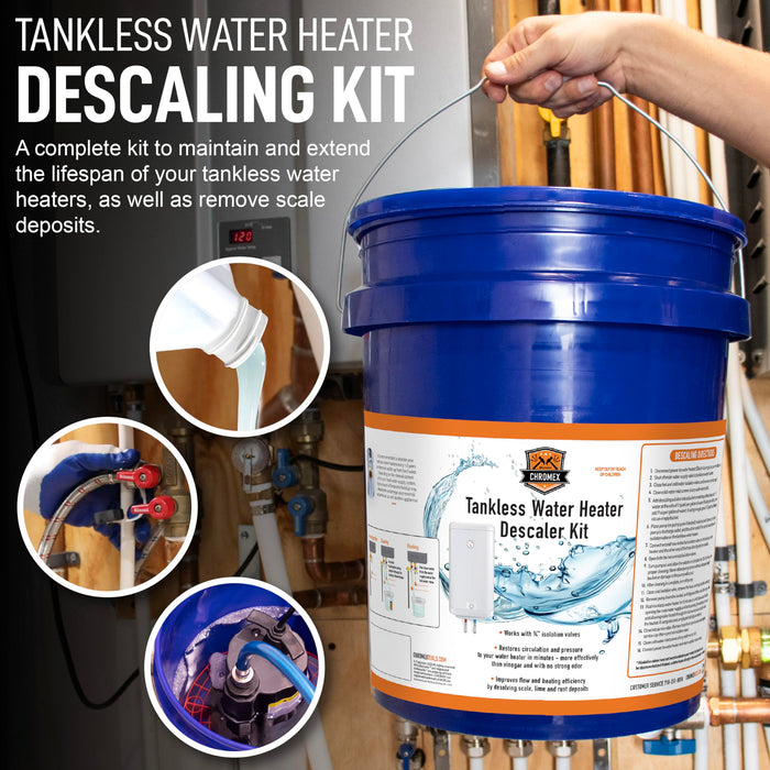 Chromex tankless water heater descaling kit complete to maintain and extend lifespan and remove scale deposits
