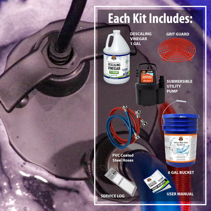 Chromex flush kit complete contents including descaling vinegar grit guard pump PVC hoses 6 gallon bucket service log and user manual