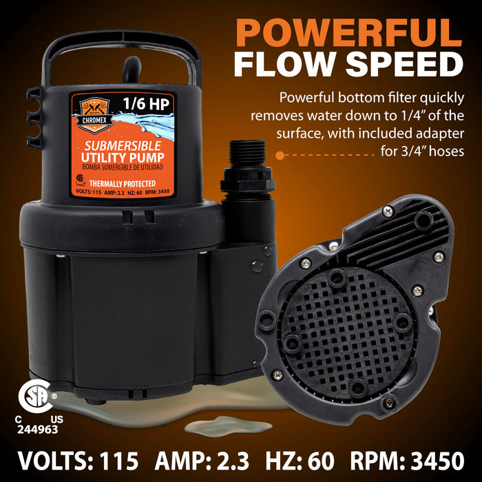 Chromex 1/6 HP submersible utility pump powerful flow speed with bottom filter for tankless heater flushing
