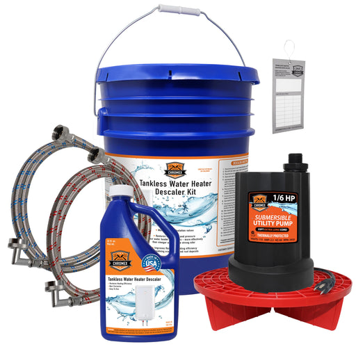 Chromex tankless water heater flush kit with 1 quart descaling solution and right angle hoses