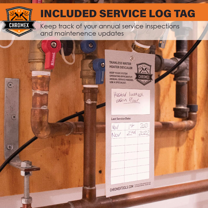 Chromex flush kit included service log tag tracks annual service inspections and maintenance updates for tankless water heater