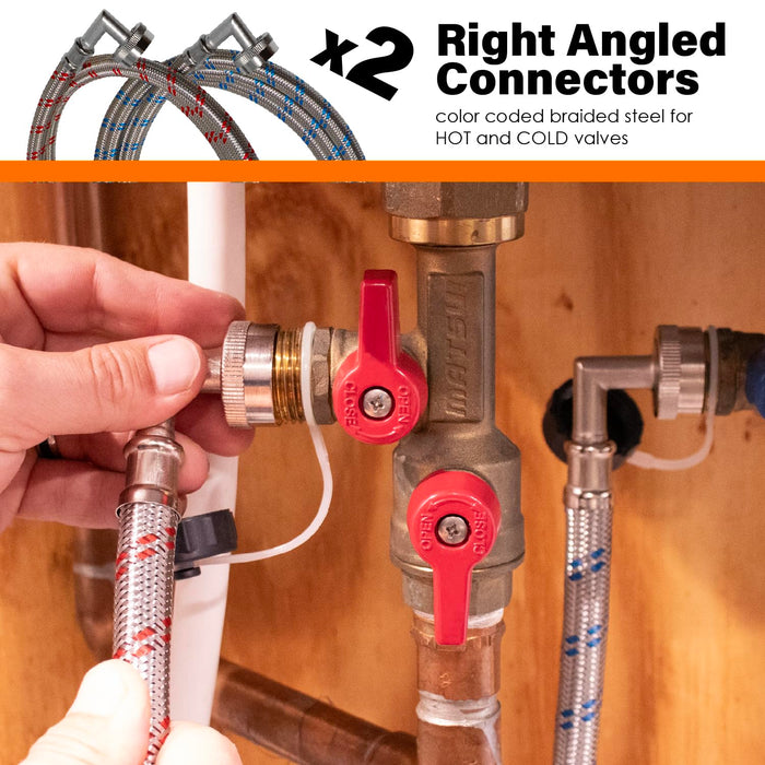 Chromex flush kit x2 right angled connectors color coded braided steel for hot and cold valves easy installation