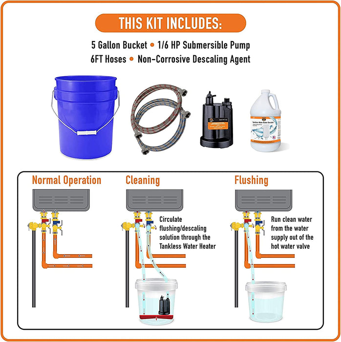 Tankless water heater heavy duty flush kit with pump hoses and descaling solution