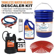 Chromex tankless water heater flush kit contents bucket pump hoses grate and descaling solution