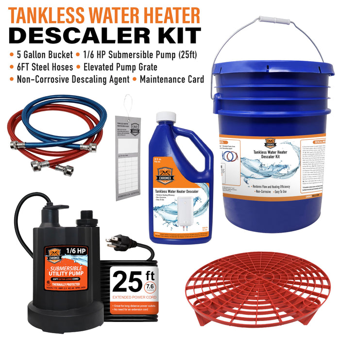 Tankless flush kit descaler with right angle hoses and submersible pump