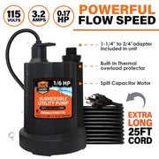 Chromex 1/6 HP submersible utility pump specs 115 volts thermal overload protector for flush kit